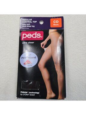 Peds CD Womens Ultra Sheer Run Resistant Control Top Black Pantyhose Lycra Fiber